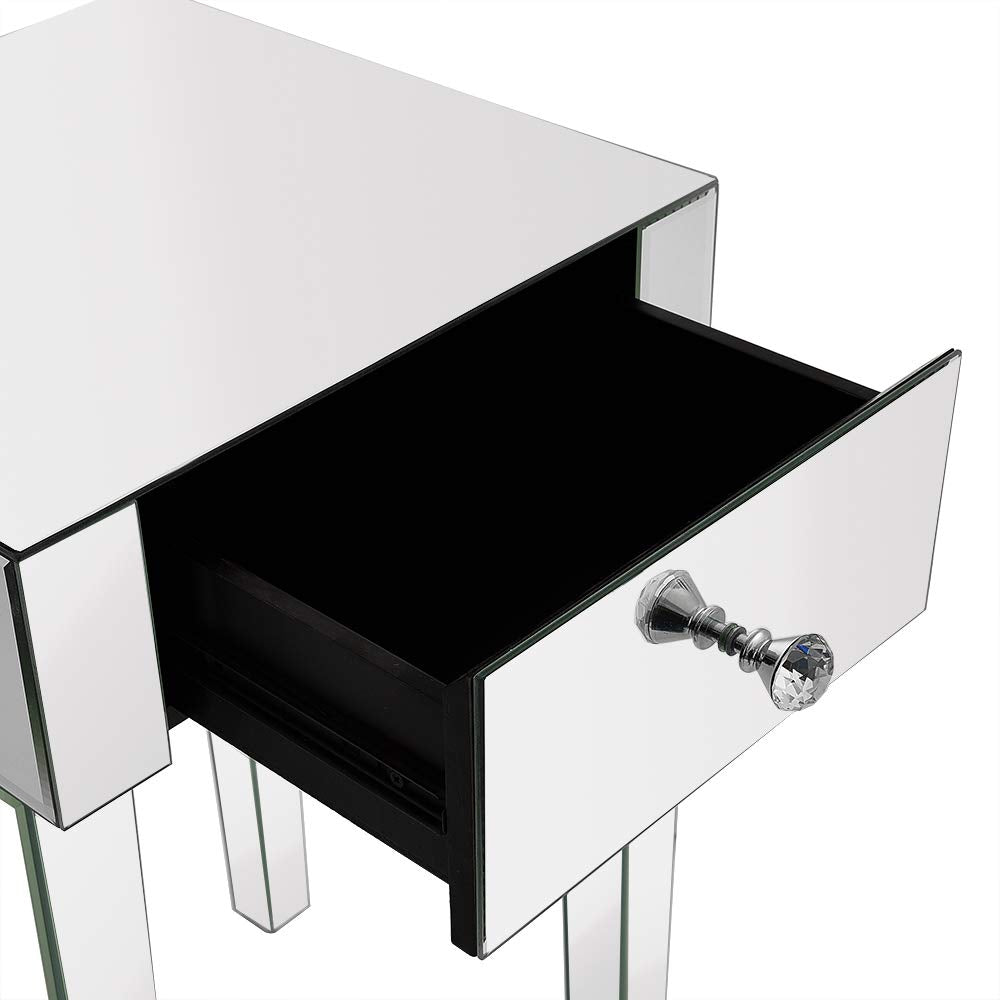 Mesilla de Noche con Espejo de Cristal – 1 Cajón – Set de 2 – 40x40x65 cm – Diseño Elegante para Dormitorio o Salón