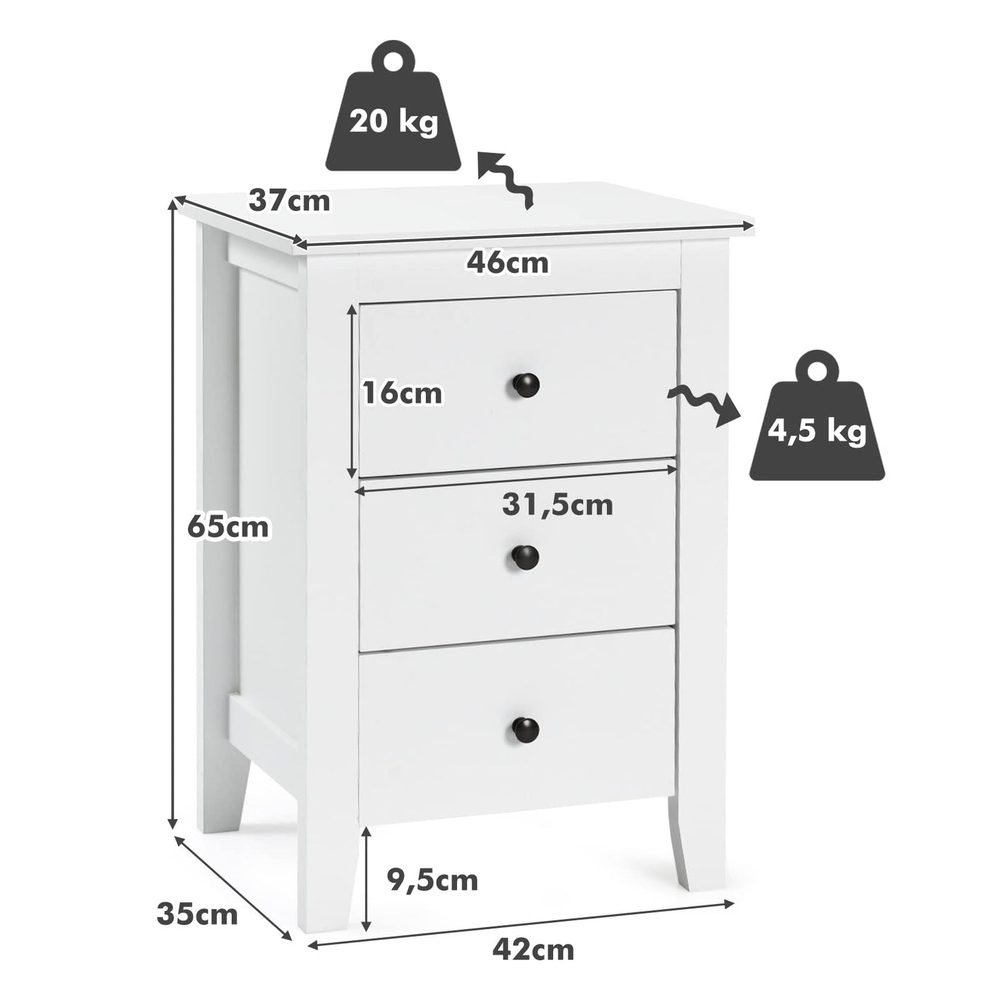 Mesita de Noche KOMFOTTEU con 3 Cajones – Lote de 2 – Color Blanco – 46x37x65 cm