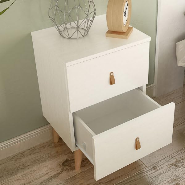 Mesita de Noche Blanca con 2 Cajones, Diseño Minimalista, Tiradores de Piel Sintética, 61,6 cm de Alto