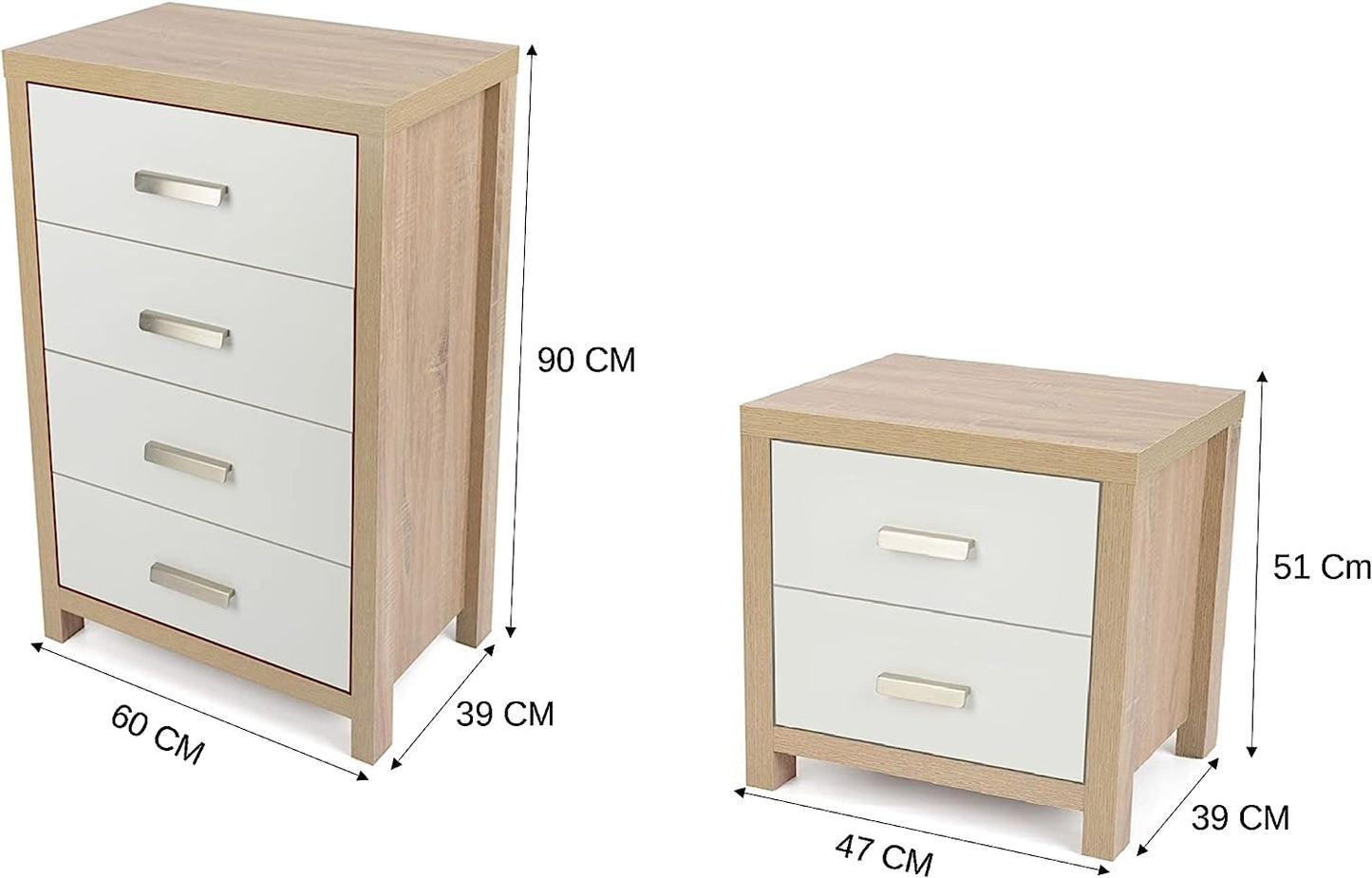 Conjunto Dormitorio Meyvaser: Cómoda 4 Cajones + 2 Mesitas de Noche – Color Cambria y Blanco