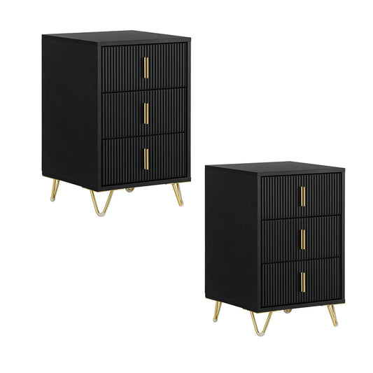 Juego de 2 Mesitas de Noche Negras con 3 Cajones, Patas Doradas, Estilo Moderno – SoBuy FBT115-L-SCHx2