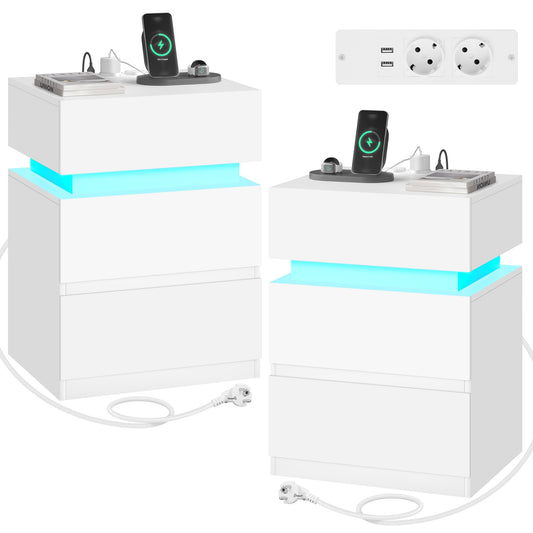 Juego de 2 Mesitas de Noche con LED, Cargador USB y Enchufes, 2 Cajones, Blanco, Estilo Moderno – WOLTU NTS23ws-2