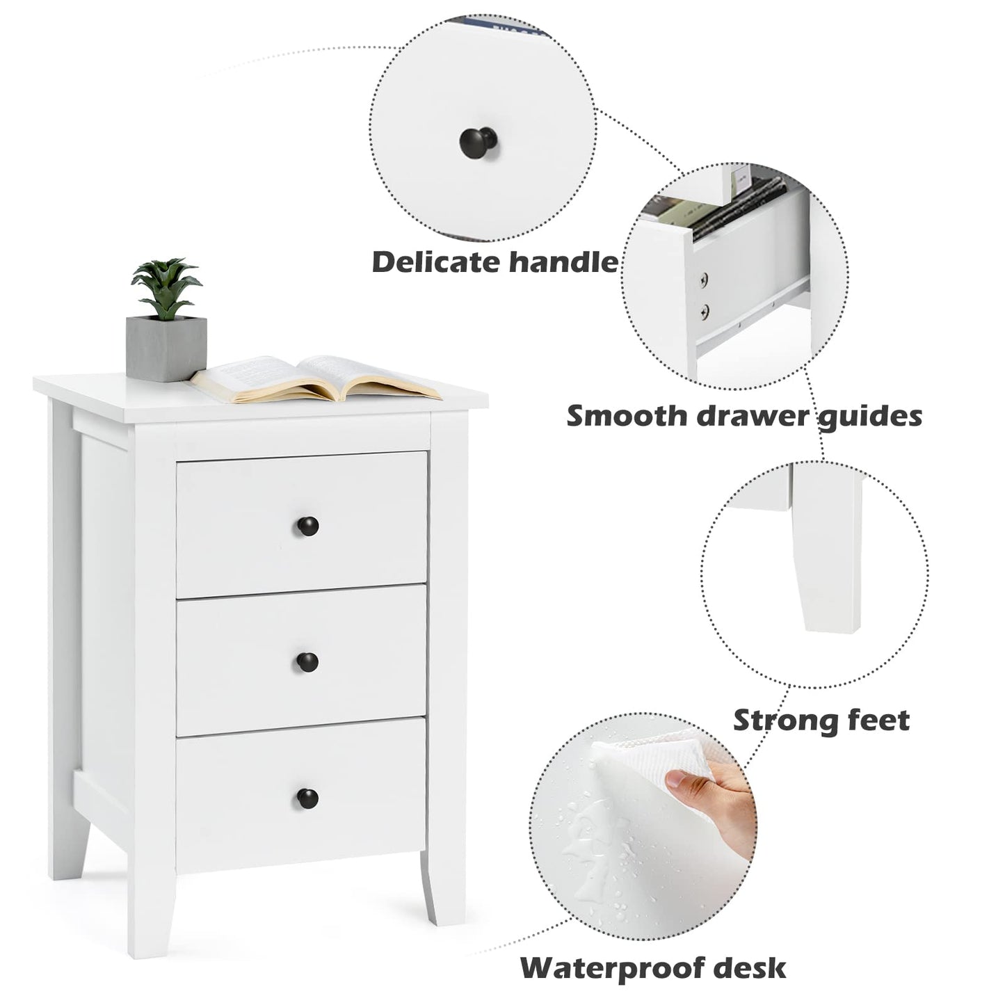 Mesita de Noche KOMFOTTEU con 3 Cajones – Lote de 2 – Color Blanco – 46x37x65 cm