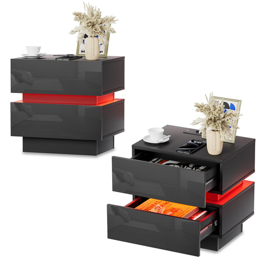 Mesitas de Noche con Luz LED y Estación de Carga – 2 Cajones – USB + Enchufe – Set de 2 Unidades – 45x35x46 cm – Color Negro Brillante – OXFENSEE