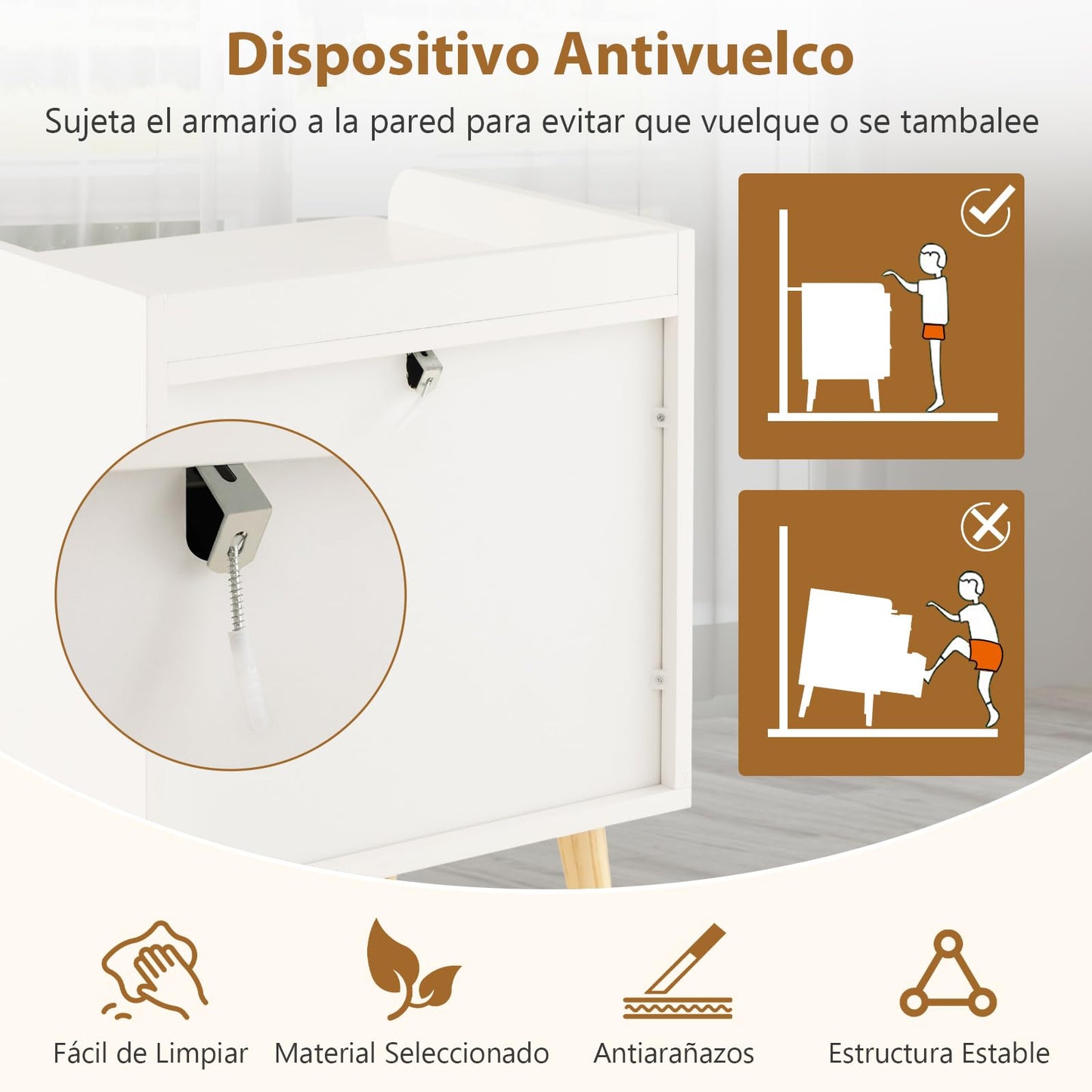 Juego de 2 Mesitas de Noche Blancas con 3 Cajones de Ratán, Patas de Madera, Estilo Bohemio – COSTWAY