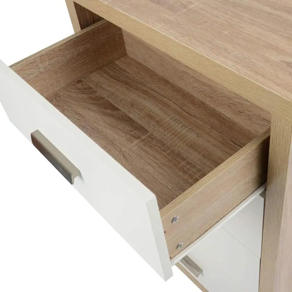 Conjunto Dormitorio Meyvaser: Cómoda 4 Cajones + 2 Mesitas de Noche – Color Cambria y Blanco