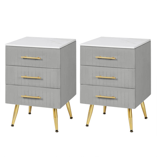 Mesita de Noche WOLTU con 3 Cajones – Set de 2 – Gris Terciopelo y Blanco – 40,5x41x60 cm