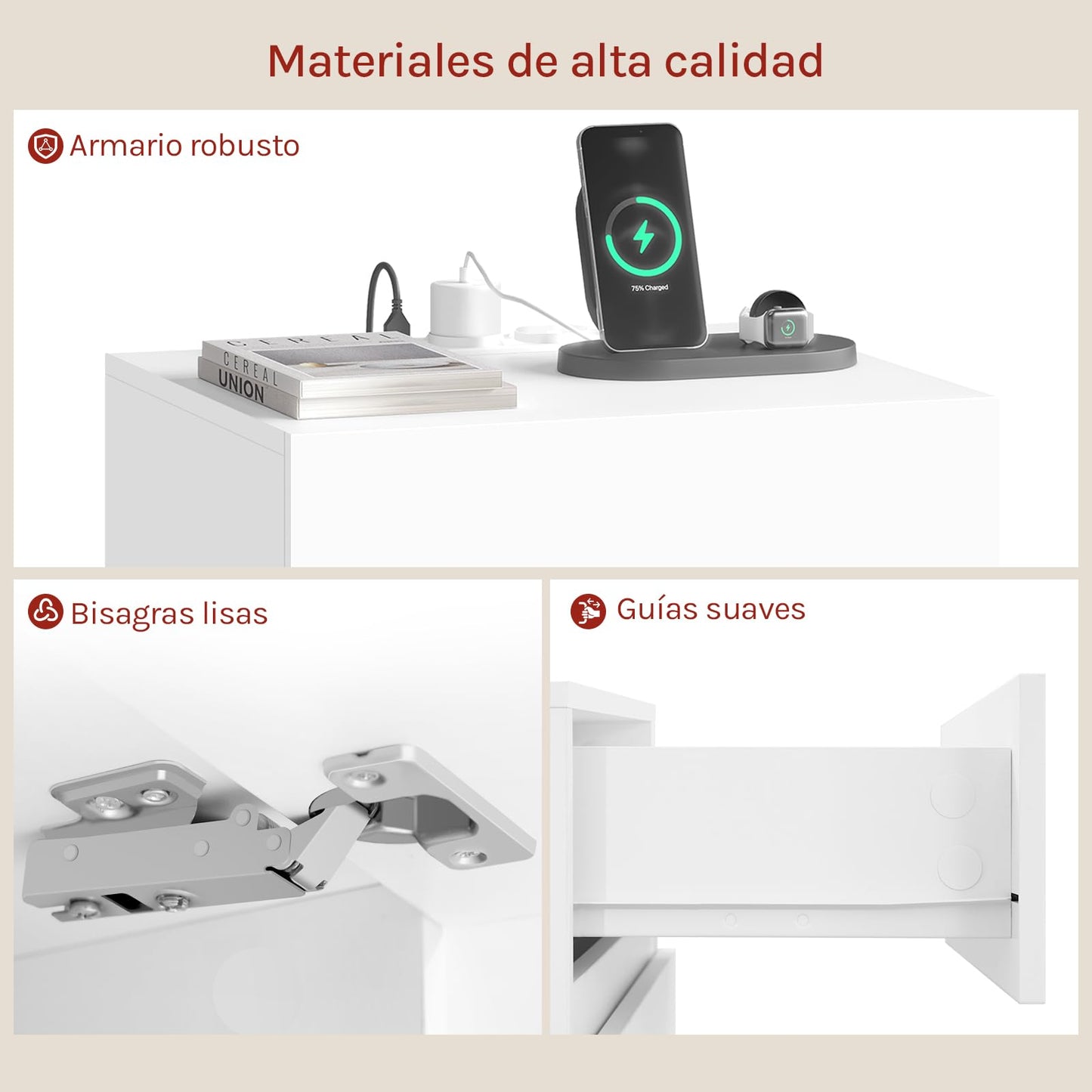 Juego de 2 Mesitas de Noche con LED, Cargador USB y Enchufes, 2 Cajones, Blanco, Estilo Moderno – WOLTU NTS23ws-2