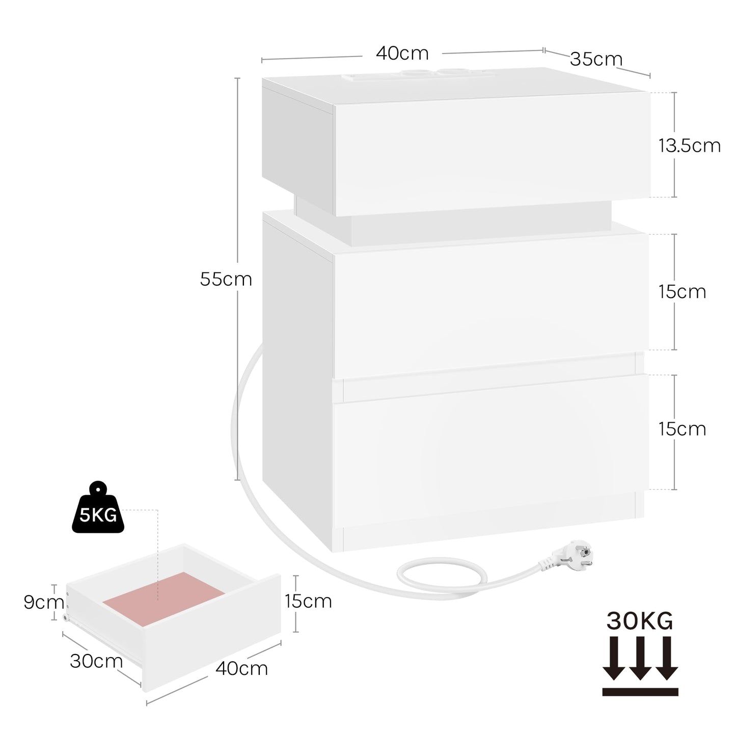 Juego de 2 Mesitas de Noche con LED, Cargador USB y Enchufes, 2 Cajones, Blanco, Estilo Moderno – WOLTU NTS23ws-2