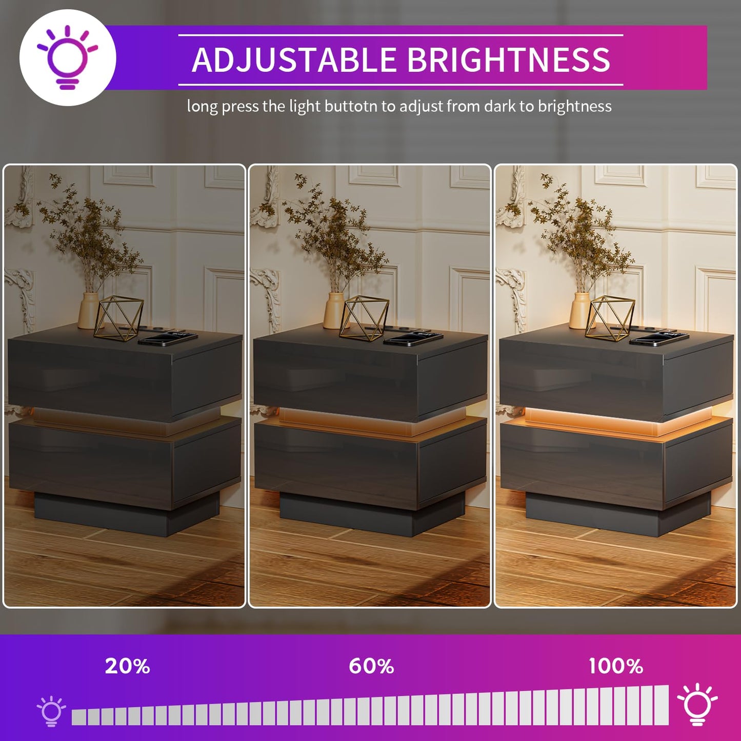 Mesitas de Noche con Luz LED y Estación de Carga – 2 Cajones – USB + Enchufe – Set de 2 Unidades – 45x35x46 cm – Color Negro Brillante – OXFENSEE