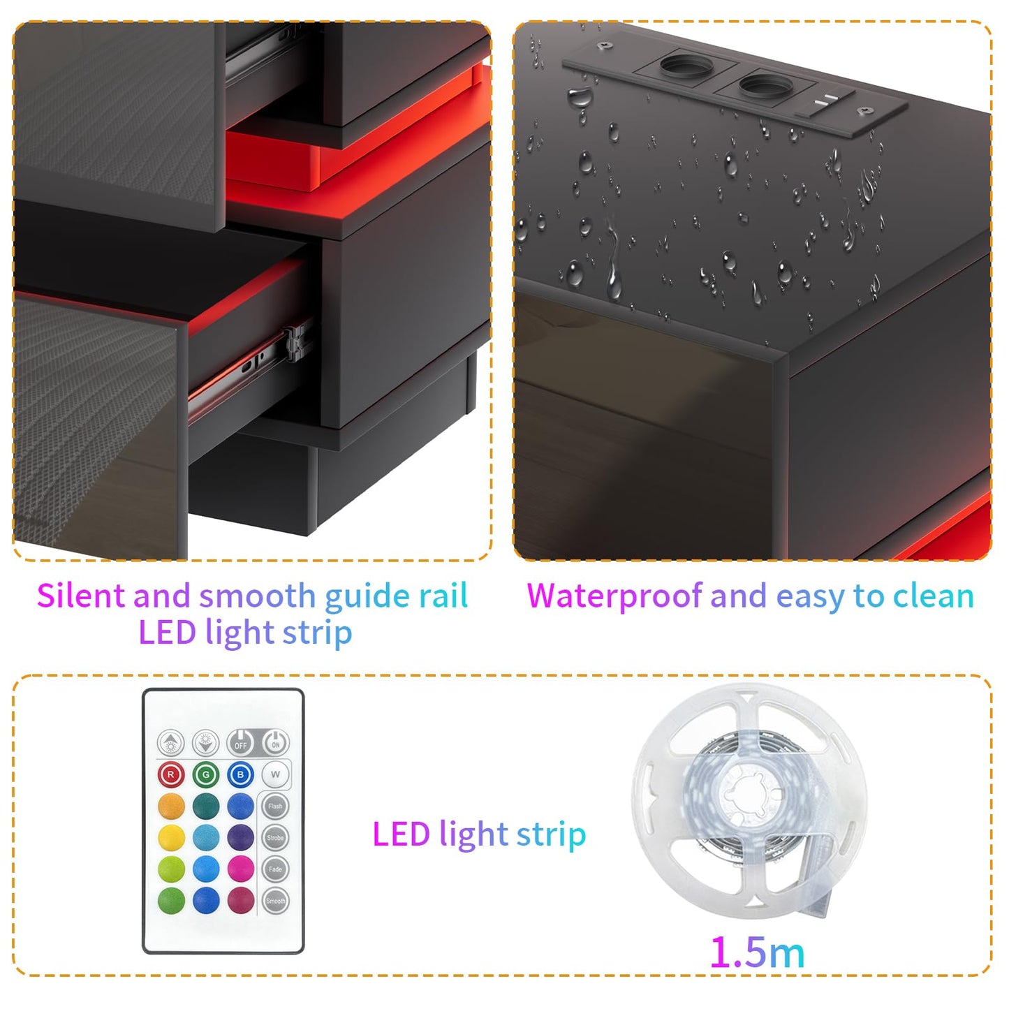 Mesitas de Noche con Luz LED y Estación de Carga – 2 Cajones – USB + Enchufe – Set de 2 Unidades – 45x35x46 cm – Color Negro Brillante – OXFENSEE