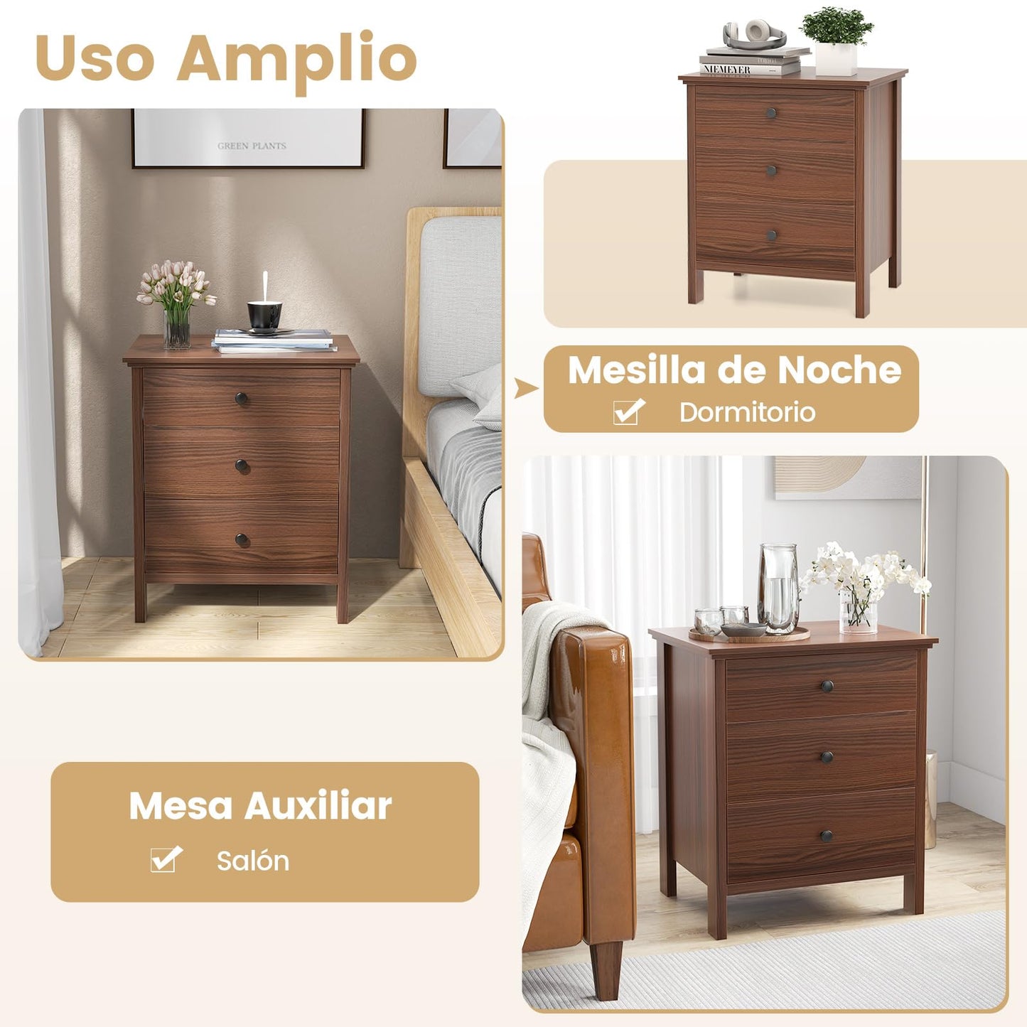 COSTWAY 1/2 Mesita de Noche, 56 x 45 x 66 cm, Mesillas de Noche Madera con 3 Cajones, Mesa Auxiliar Moderno Dormitorio Salon Sofa Oficina (2, marrón)