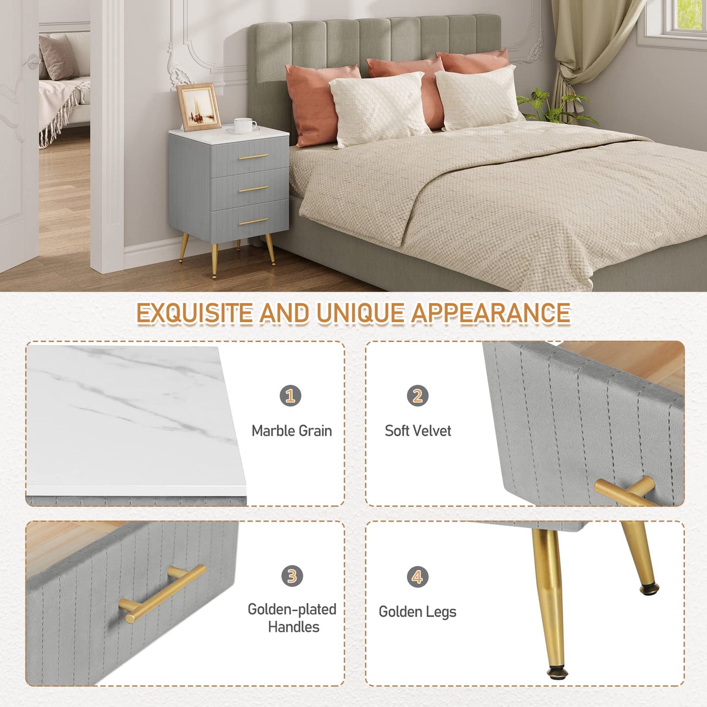 Mesita de Noche WOLTU con 3 Cajones – Set de 2 – Gris Terciopelo y Blanco – 40,5x41x60 cm
