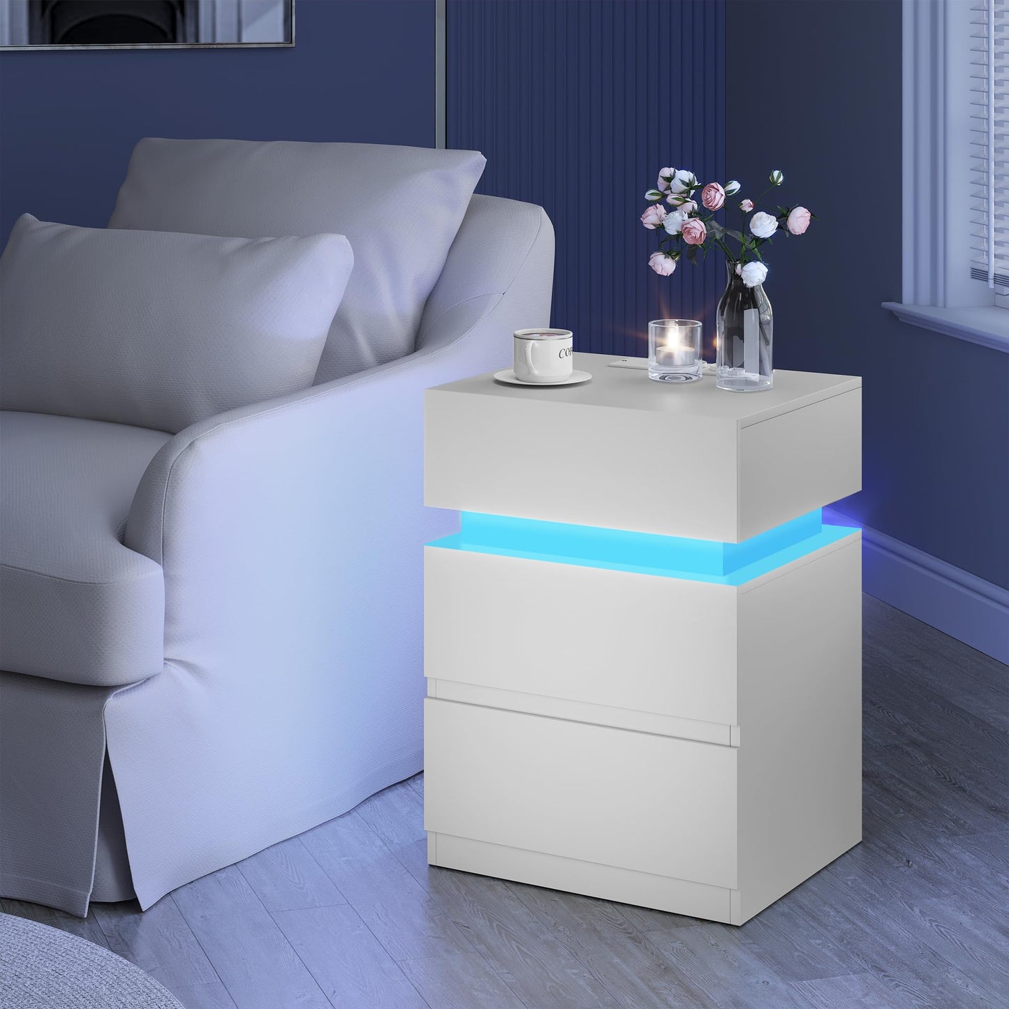 Juego de 2 Mesitas de Noche con LED, Cargador USB y Enchufes, 2 Cajones, Blanco, Estilo Moderno – WOLTU NTS23ws-2
