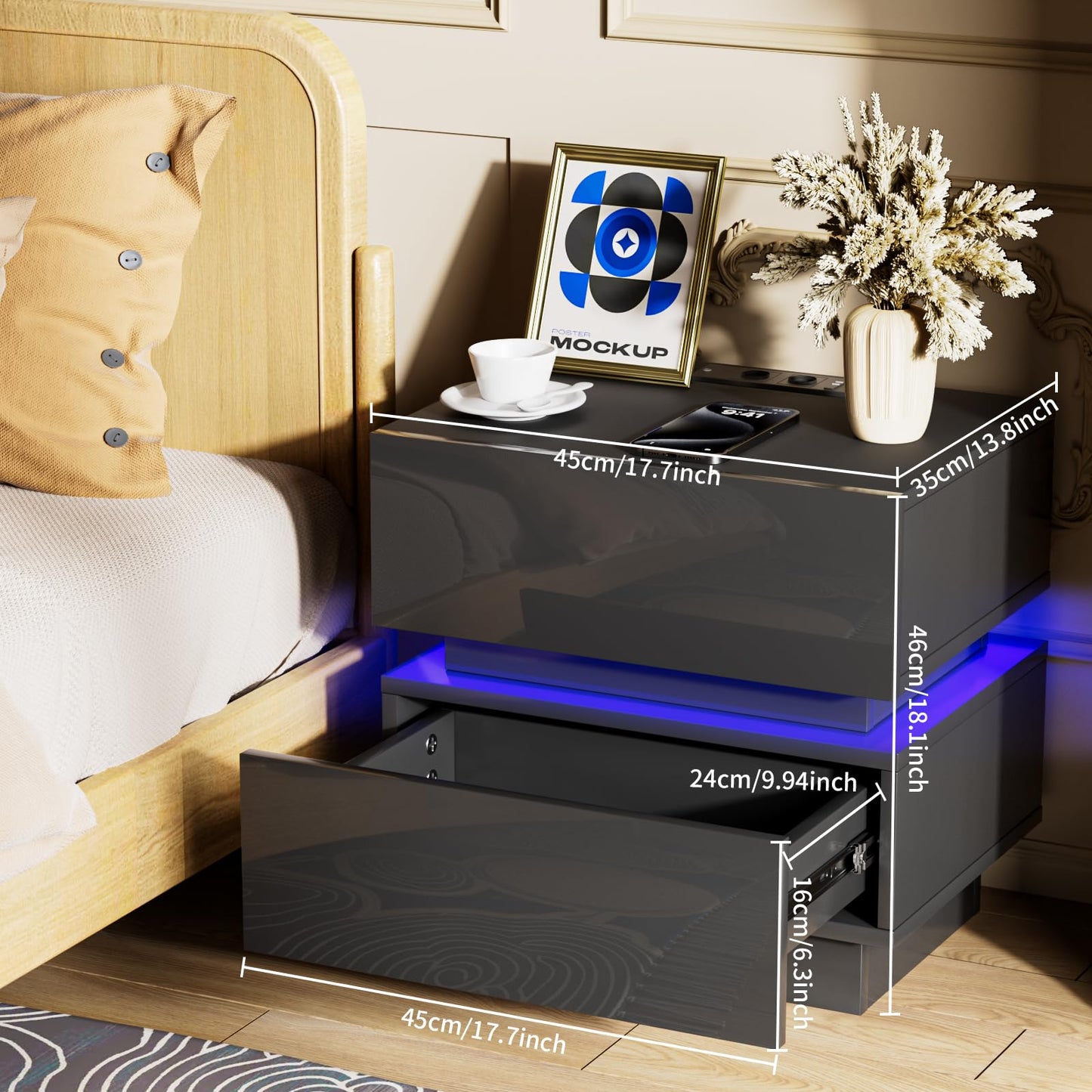 Mesitas de Noche con Luz LED y Estación de Carga – 2 Cajones – USB + Enchufe – Set de 2 Unidades – 45x35x46 cm – Color Negro Brillante – OXFENSEE