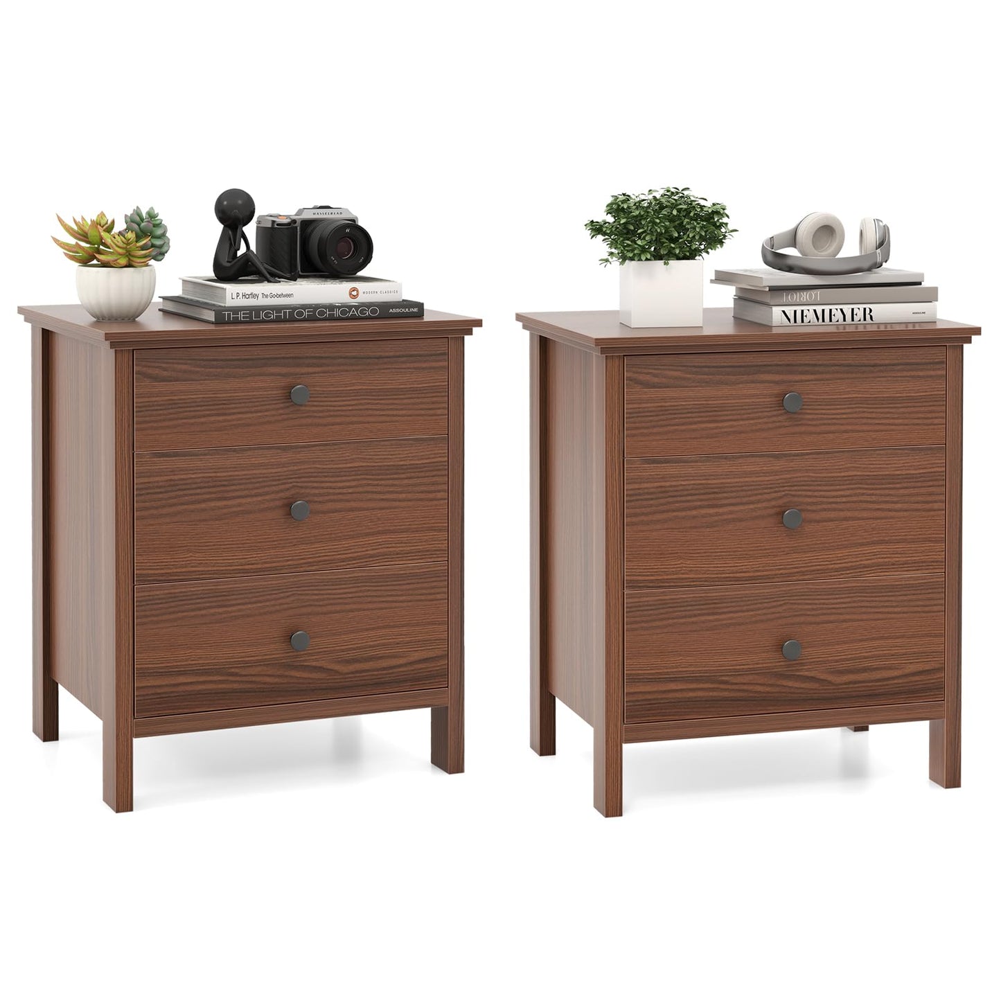 COSTWAY 1/2 Mesita de Noche, 56 x 45 x 66 cm, Mesillas de Noche Madera con 3 Cajones, Mesa Auxiliar Moderno Dormitorio Salon Sofa Oficina (2, marrón)