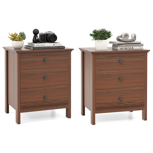 COSTWAY 1/2 Mesita de Noche, 56 x 45 x 66 cm, Mesillas de Noche Madera con 3 Cajones, Mesa Auxiliar Moderno Dormitorio Salon Sofa Oficina (2, marrón)