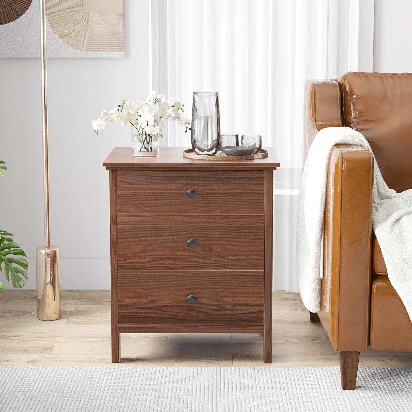 COSTWAY 1/2 Mesita de Noche, 56 x 45 x 66 cm, Mesillas de Noche Madera con 3 Cajones, Mesa Auxiliar Moderno Dormitorio Salon Sofa Oficina (2, marrón)
