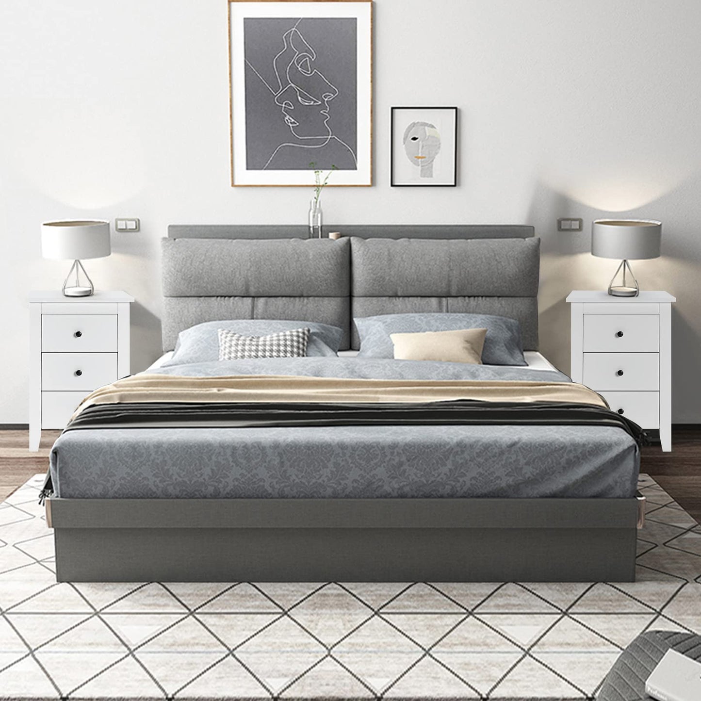 Mesita de Noche KOMFOTTEU con 3 Cajones – Lote de 2 – Color Blanco – 46x37x65 cm