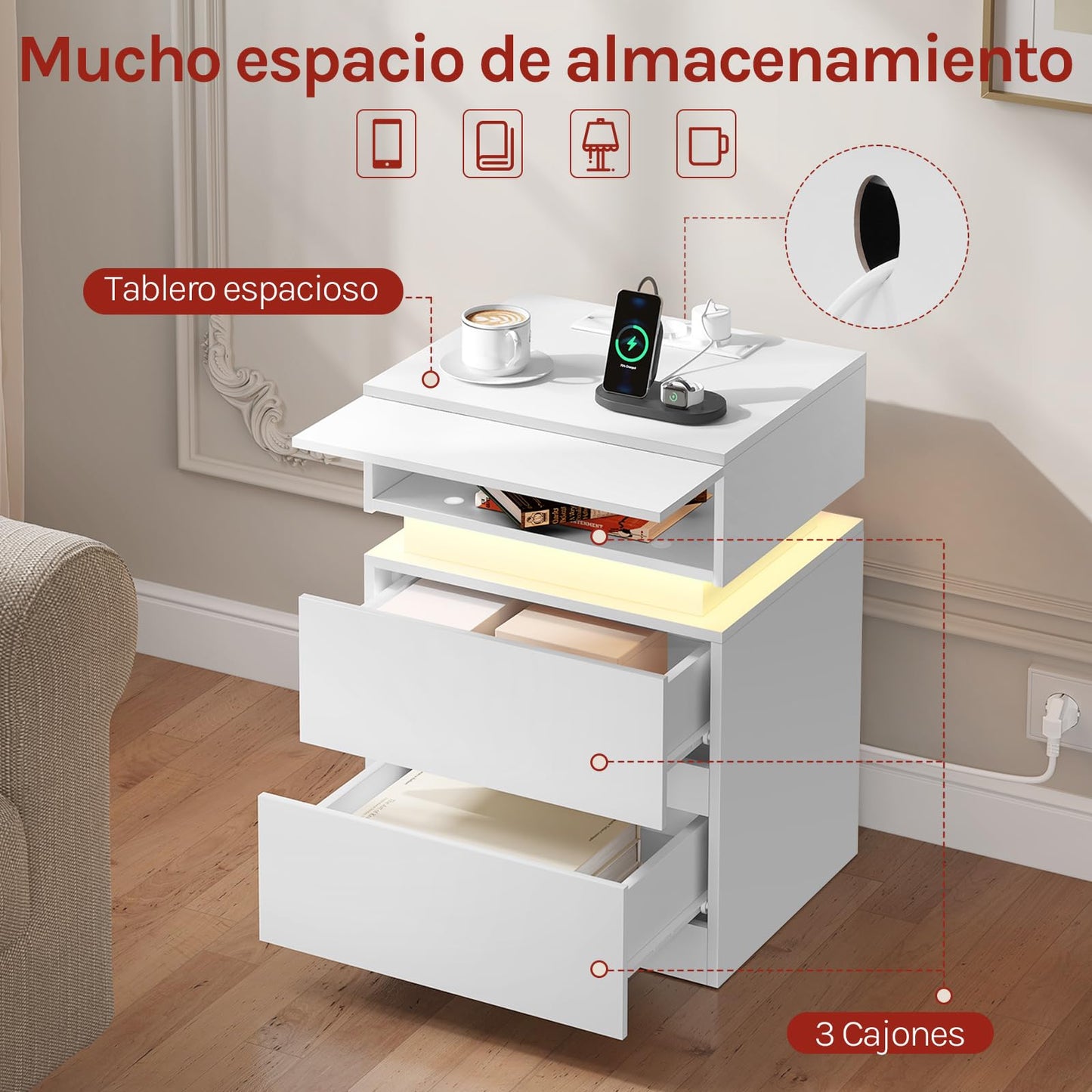 Juego de 2 Mesitas de Noche con LED, Cargador USB y Enchufes, 2 Cajones, Blanco, Estilo Moderno – WOLTU NTS23ws-2