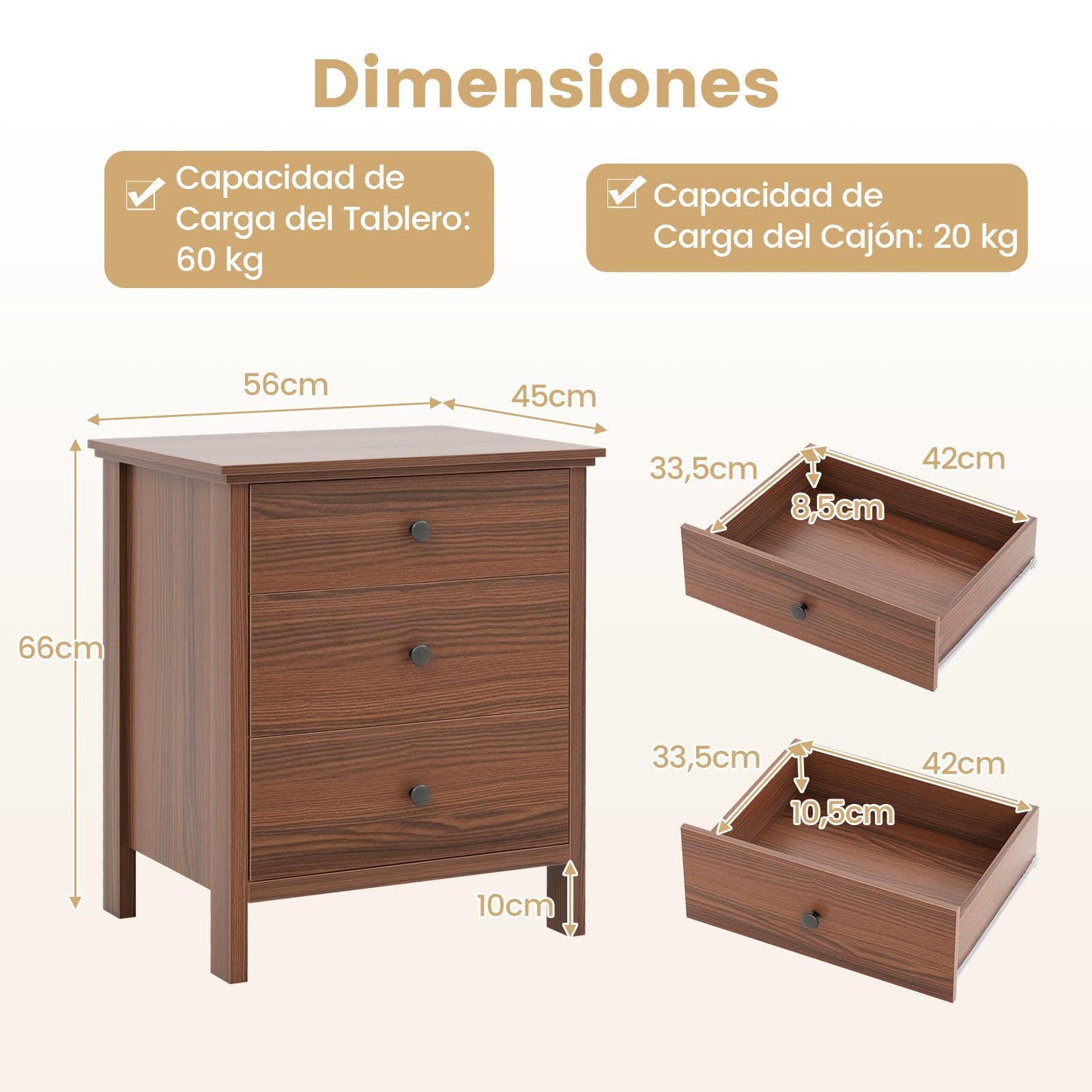 COSTWAY 1/2 Mesita de Noche, 56 x 45 x 66 cm, Mesillas de Noche Madera con 3 Cajones, Mesa Auxiliar Moderno Dormitorio Salon Sofa Oficina (2, marrón)