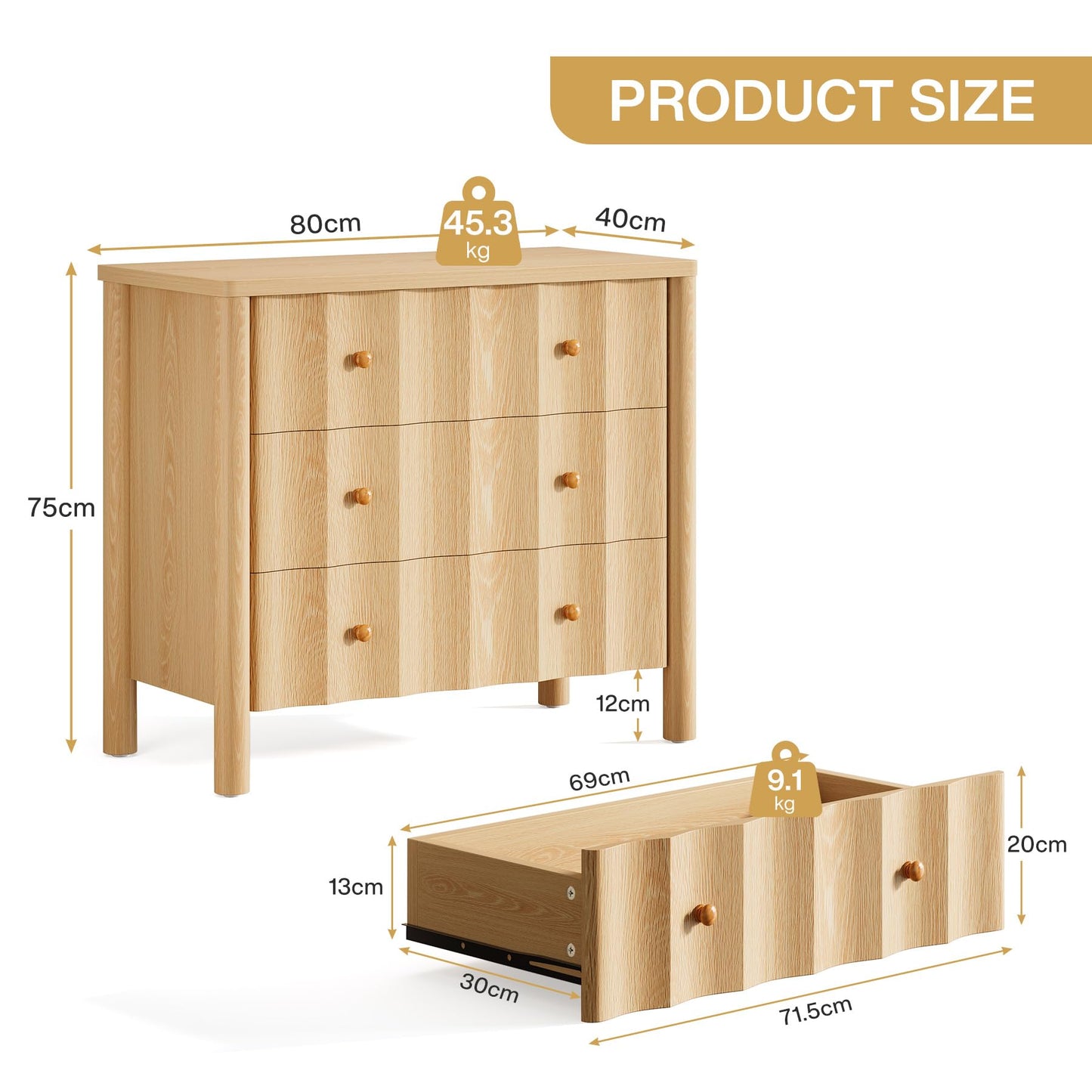 Mesita de Noche Tribesigns con 3 Cajones y Frente Ondulado – 80x40x75 cm – Roble Natural