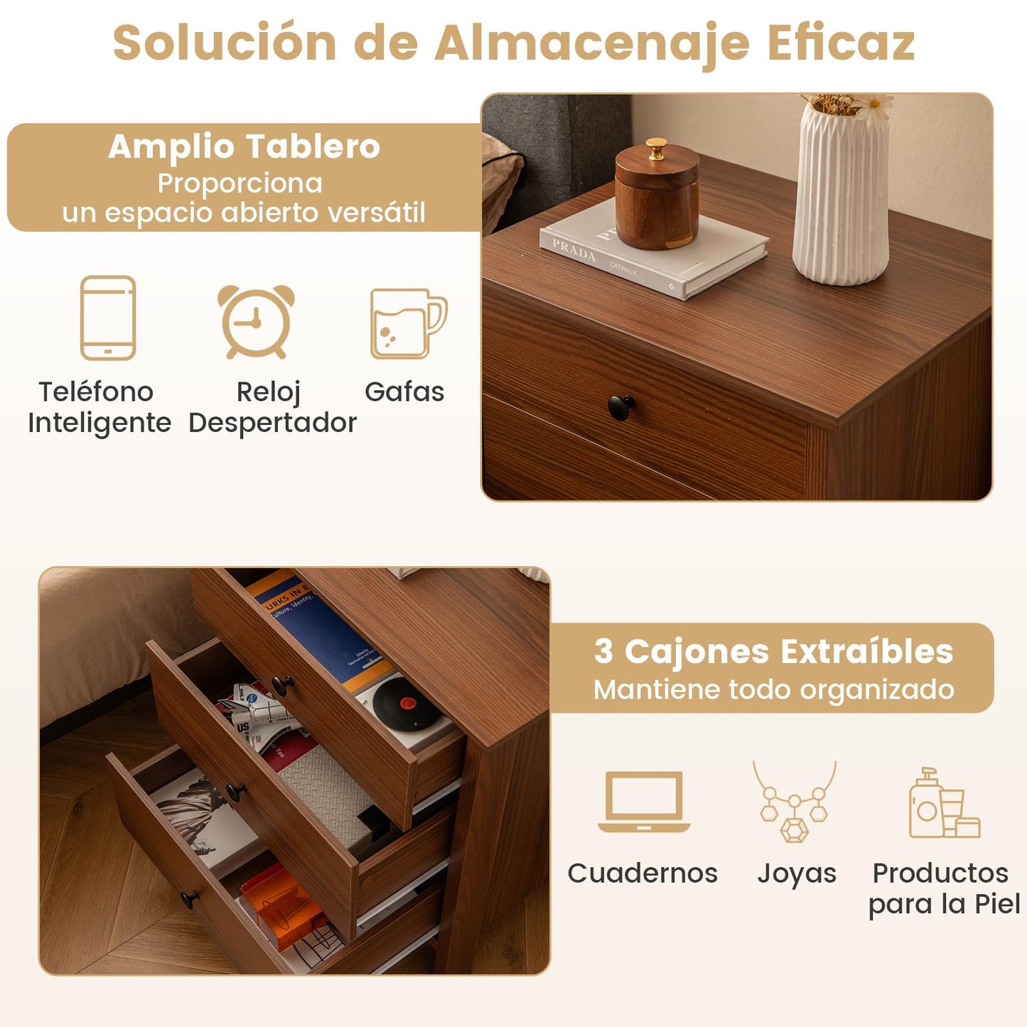 COSTWAY 1/2 Mesita de Noche, 56 x 45 x 66 cm, Mesillas de Noche Madera con 3 Cajones, Mesa Auxiliar Moderno Dormitorio Salon Sofa Oficina (2, marrón)
