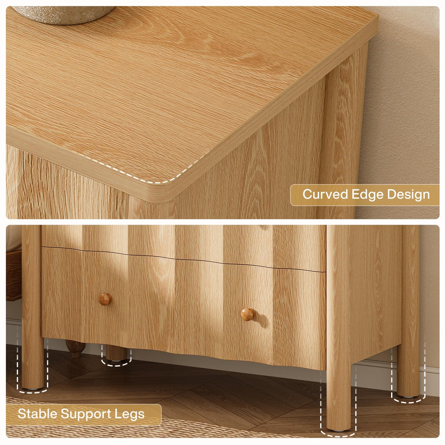 Mesita de Noche Tribesigns con 3 Cajones y Frente Ondulado – 80x40x75 cm – Roble Natural
