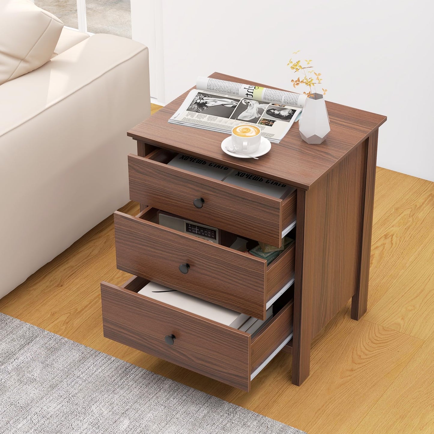 COSTWAY 1/2 Mesita de Noche, 56 x 45 x 66 cm, Mesillas de Noche Madera con 3 Cajones, Mesa Auxiliar Moderno Dormitorio Salon Sofa Oficina (2, marrón)