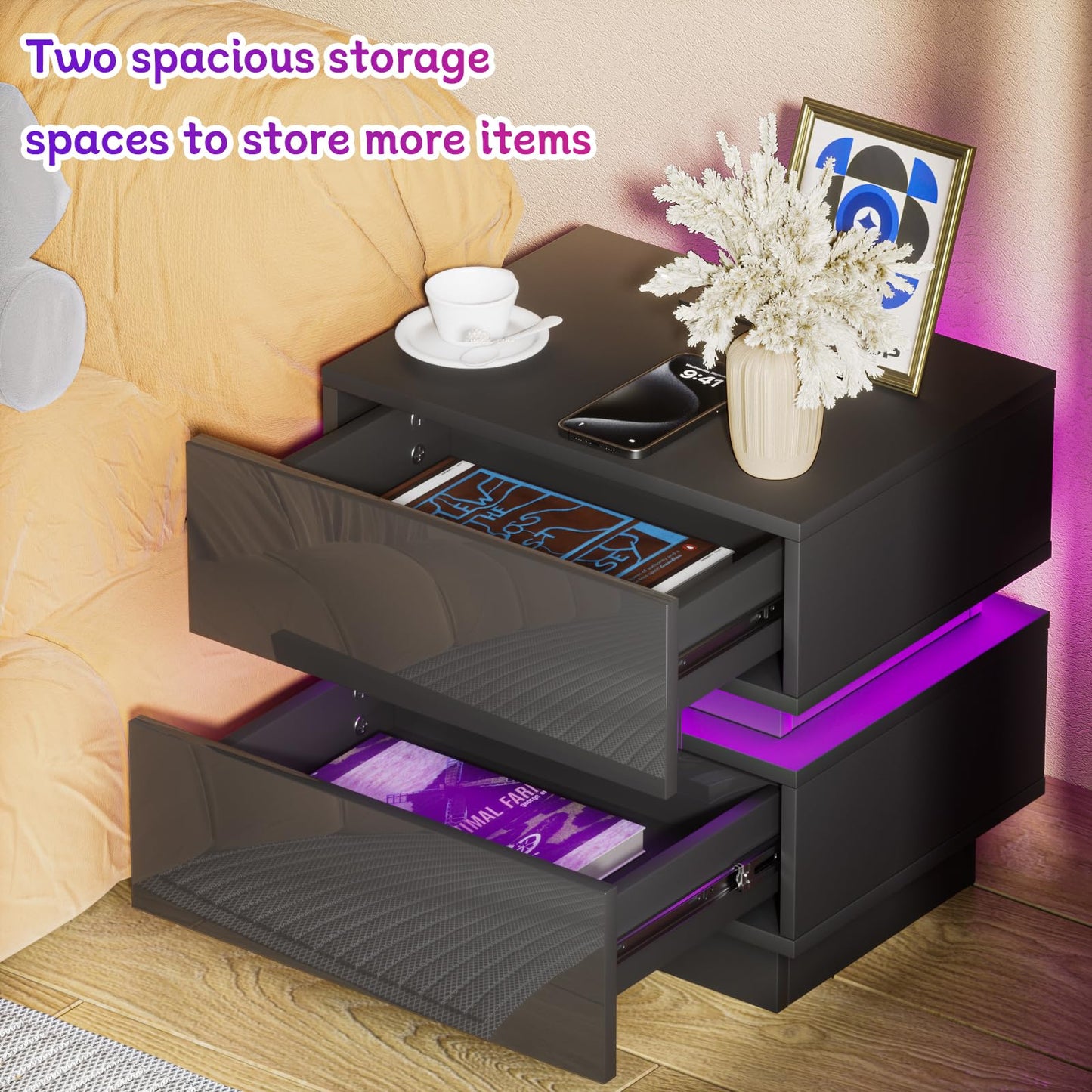 Mesitas de Noche con Luz LED y Estación de Carga – 2 Cajones – USB + Enchufe – Set de 2 Unidades – 45x35x46 cm – Color Negro Brillante – OXFENSEE