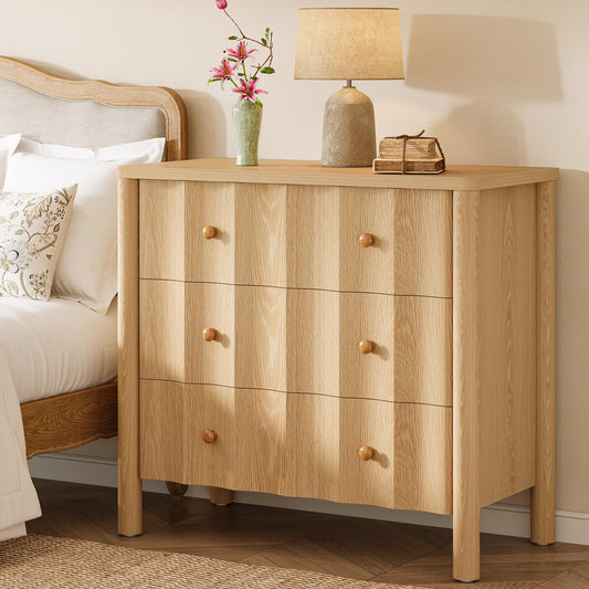 Mesita de Noche Tribesigns con 3 Cajones y Frente Ondulado – 80x40x75 cm – Roble Natural
