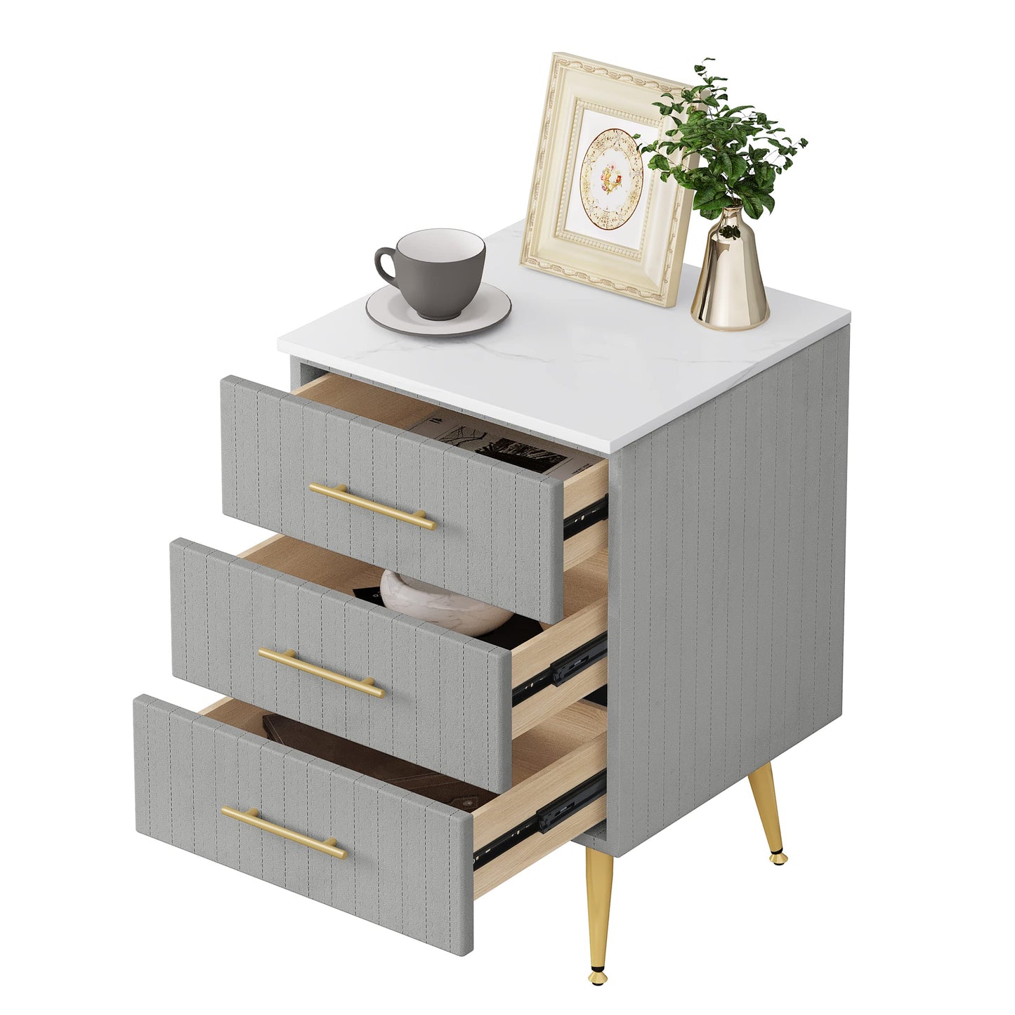 Mesita de Noche WOLTU con 3 Cajones – Set de 2 – Gris Terciopelo y Blanco – 40,5x41x60 cm