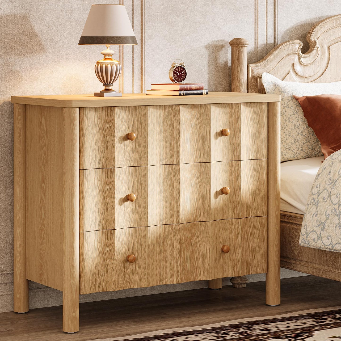 Mesita de Noche Tribesigns con 3 Cajones y Frente Ondulado – 80x40x75 cm – Roble Natural