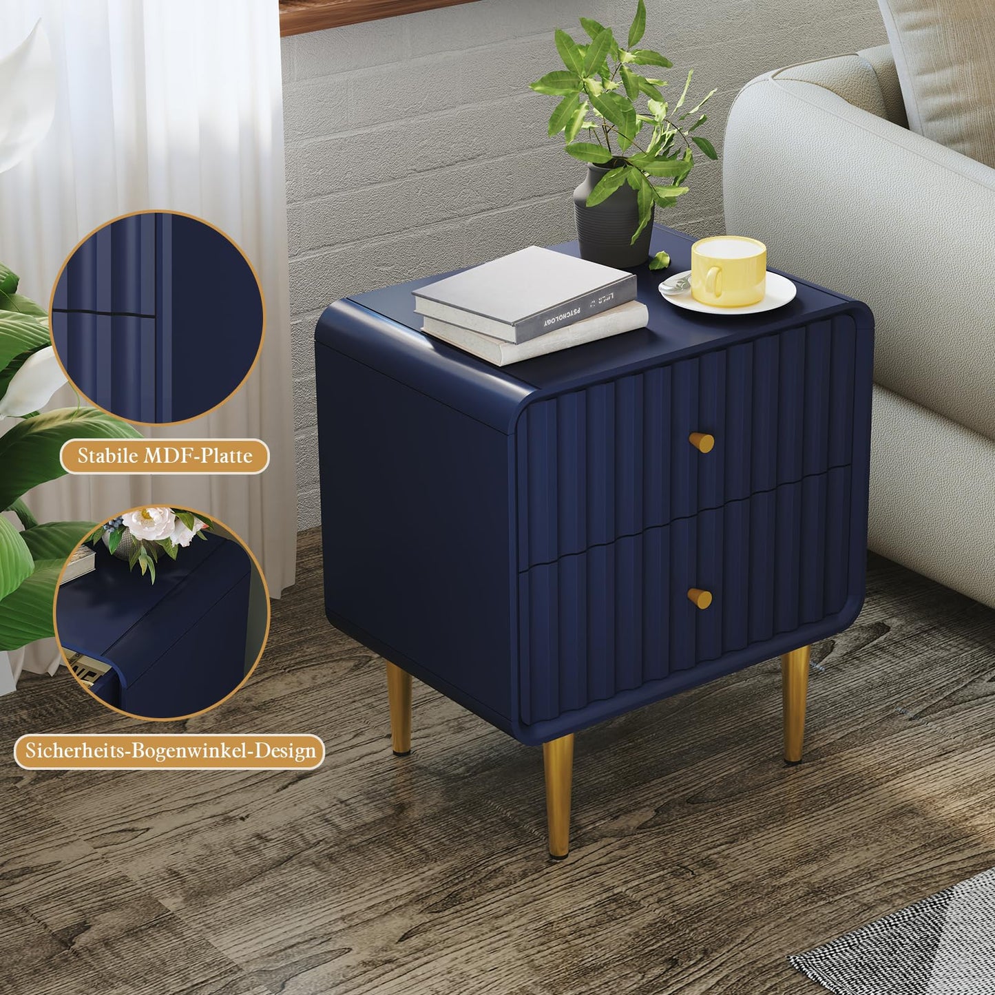 Juego de 2 Mesitas de Noche Modernas con 2 Cajones, Color Azul con Patas Doradas, Estilo Ondulado – MROJISC