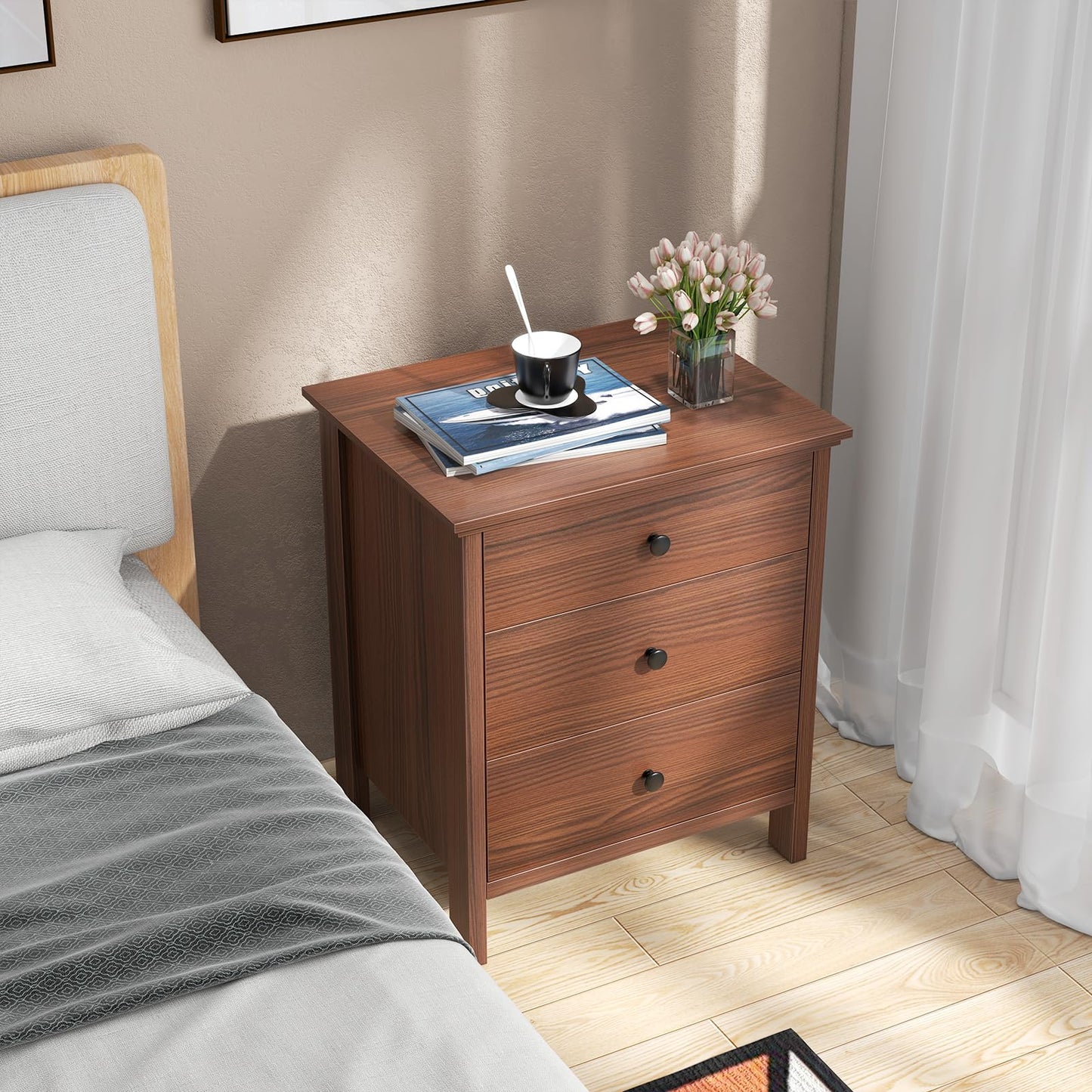 COSTWAY 1/2 Mesita de Noche, 56 x 45 x 66 cm, Mesillas de Noche Madera con 3 Cajones, Mesa Auxiliar Moderno Dormitorio Salon Sofa Oficina (2, marrón)