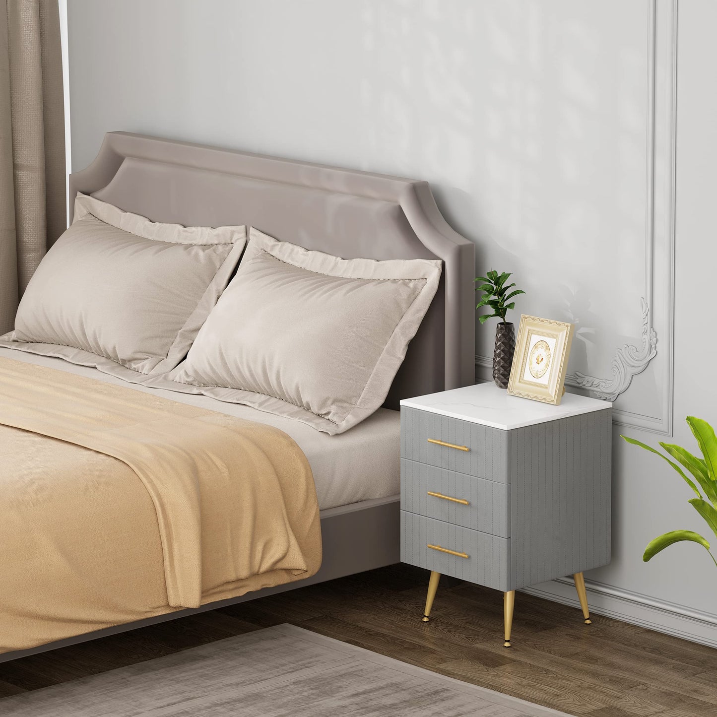 Mesita de Noche WOLTU con 3 Cajones – Set de 2 – Gris Terciopelo y Blanco – 40,5x41x60 cm