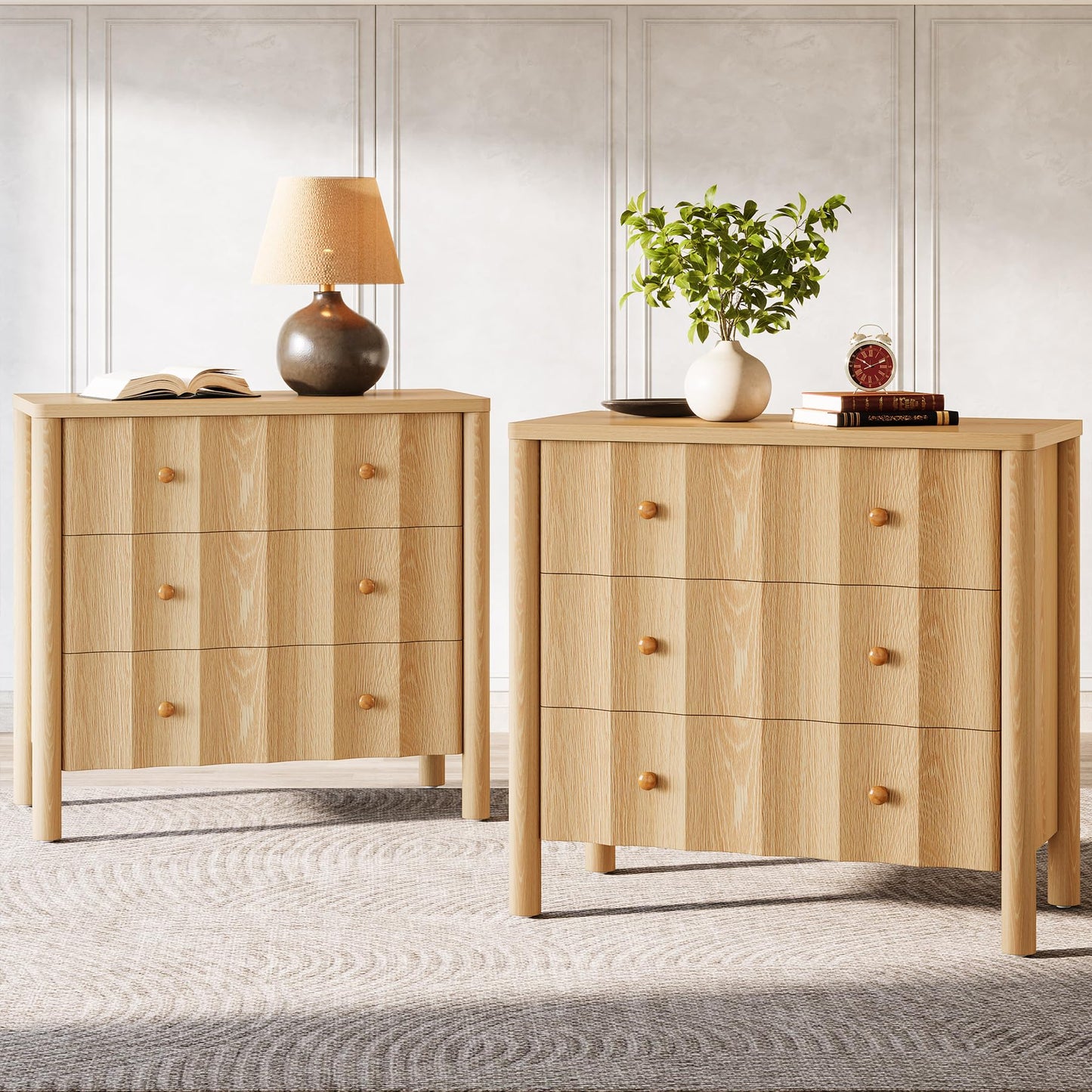 Mesita de Noche Tribesigns con 3 Cajones y Frente Ondulado – 80x40x75 cm – Roble Natural