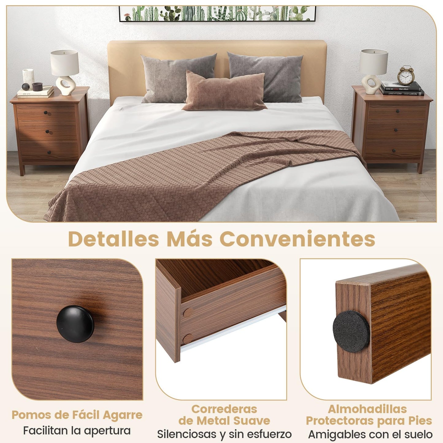 COSTWAY 1/2 Mesita de Noche, 56 x 45 x 66 cm, Mesillas de Noche Madera con 3 Cajones, Mesa Auxiliar Moderno Dormitorio Salon Sofa Oficina (2, marrón)
