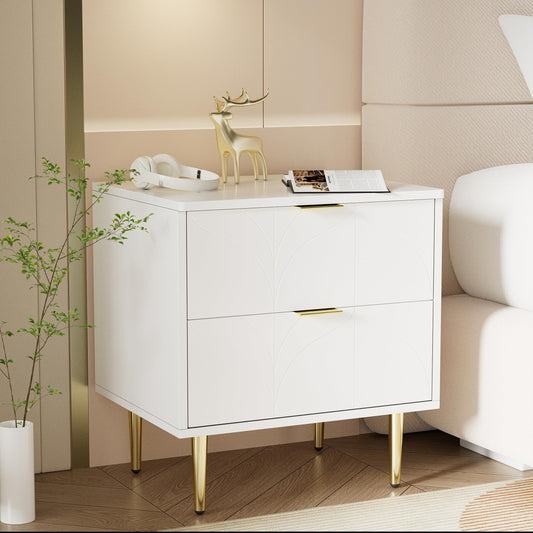 Juego de 2 Mesitas de Noche Modernas con 2 Cajones, Diseño Floral, Patas Doradas, Color Blanco – Goeria
