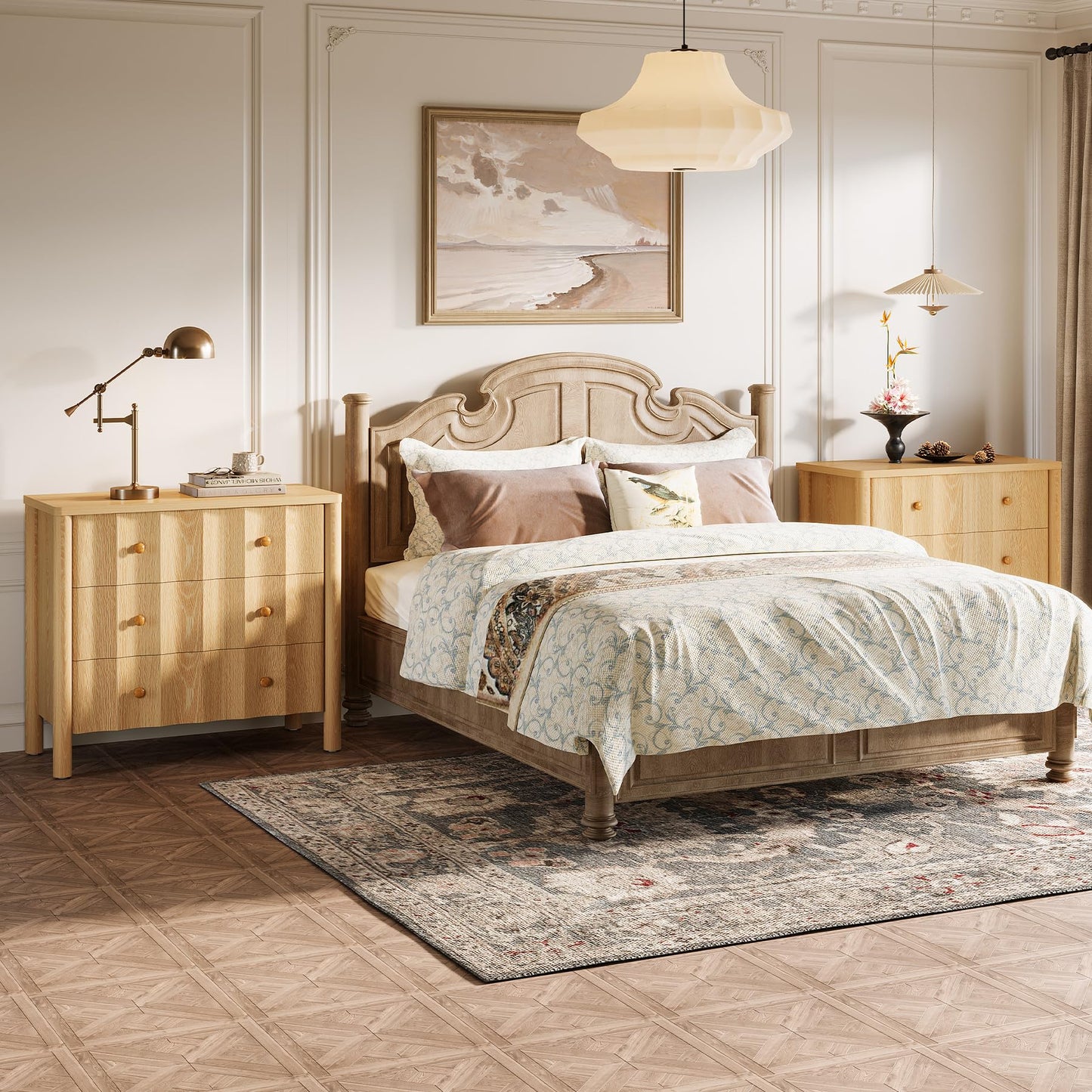 Mesita de Noche Tribesigns con 3 Cajones y Frente Ondulado – 80x40x75 cm – Roble Natural