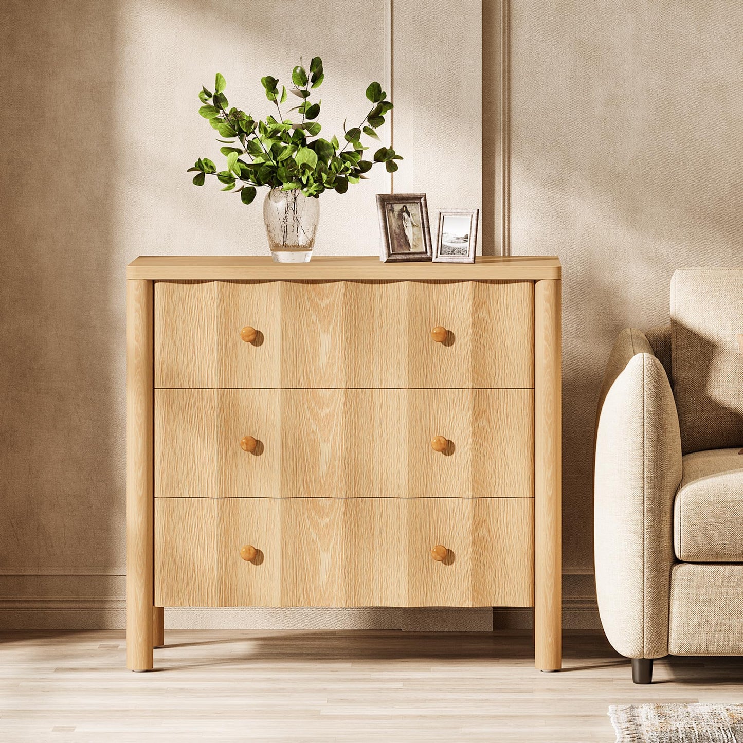 Mesita de Noche Tribesigns con 3 Cajones y Frente Ondulado – 80x40x75 cm – Roble Natural