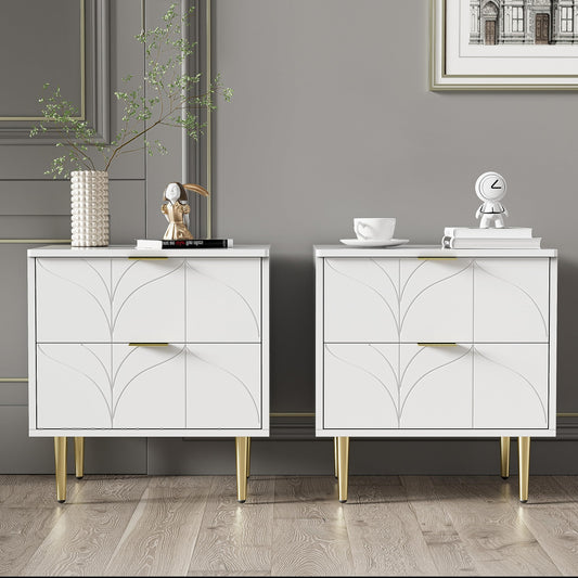 Juego de 2 Mesitas de Noche Blancas con Cajones, Diseño Floral y Patas Doradas – 50x40x54 cm – KecDuey